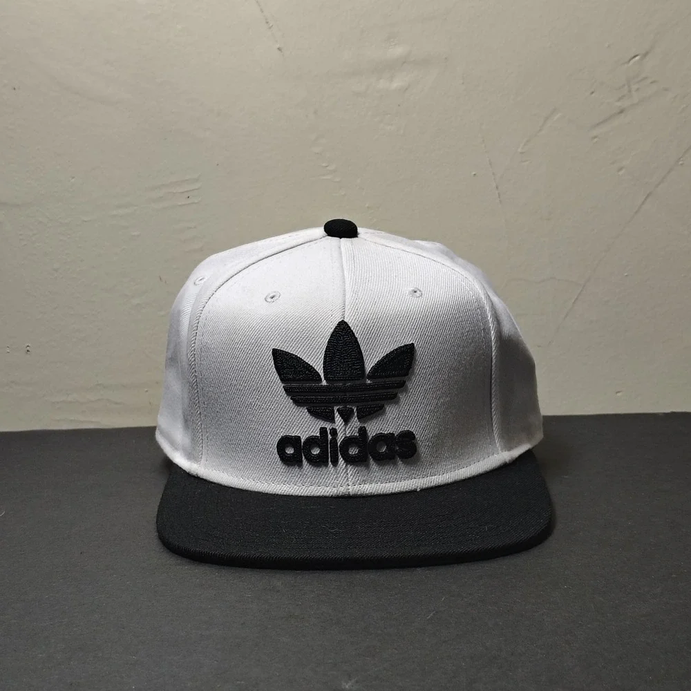 Adidas Hat Cap Snapback White Black Trefoil Spellout Logo Flat Brim Adjustable